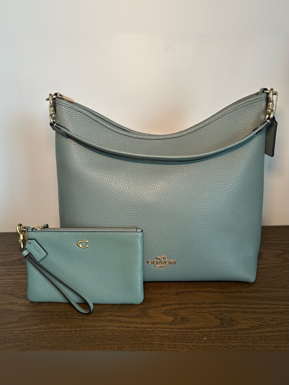 Coach Large Laurel Shoulder Crossbody Bag + Matching Wristlet Sage Green Pebble